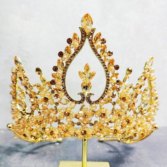 Bridal Tiara Crown, Gold Crystal Beaded Headpiece, Gold Pageant Crown - Picture 3 of 8